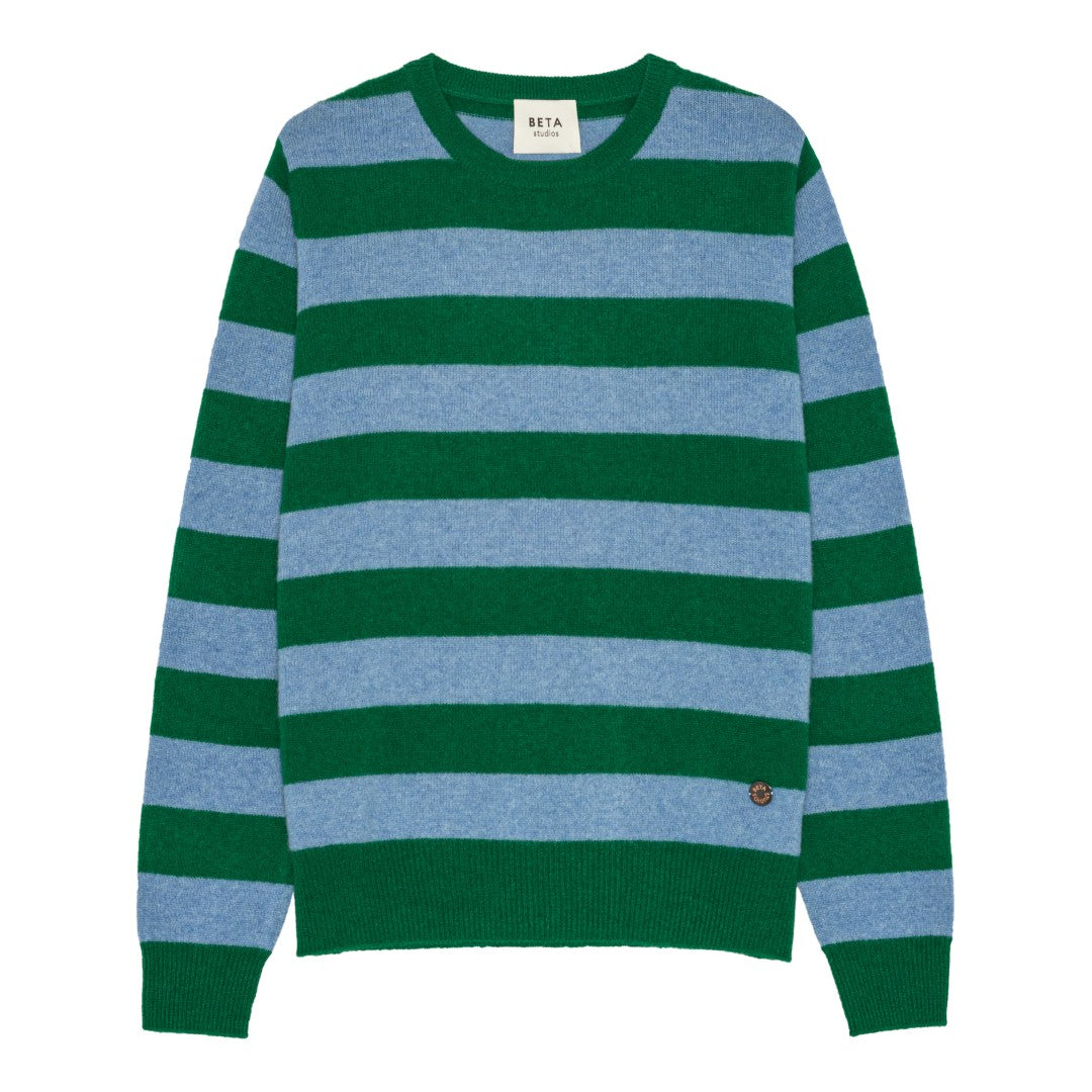 Beta Studios Margot Stripe O-Neck Cashmere Tops Fir Green/Turtle Dove Blue