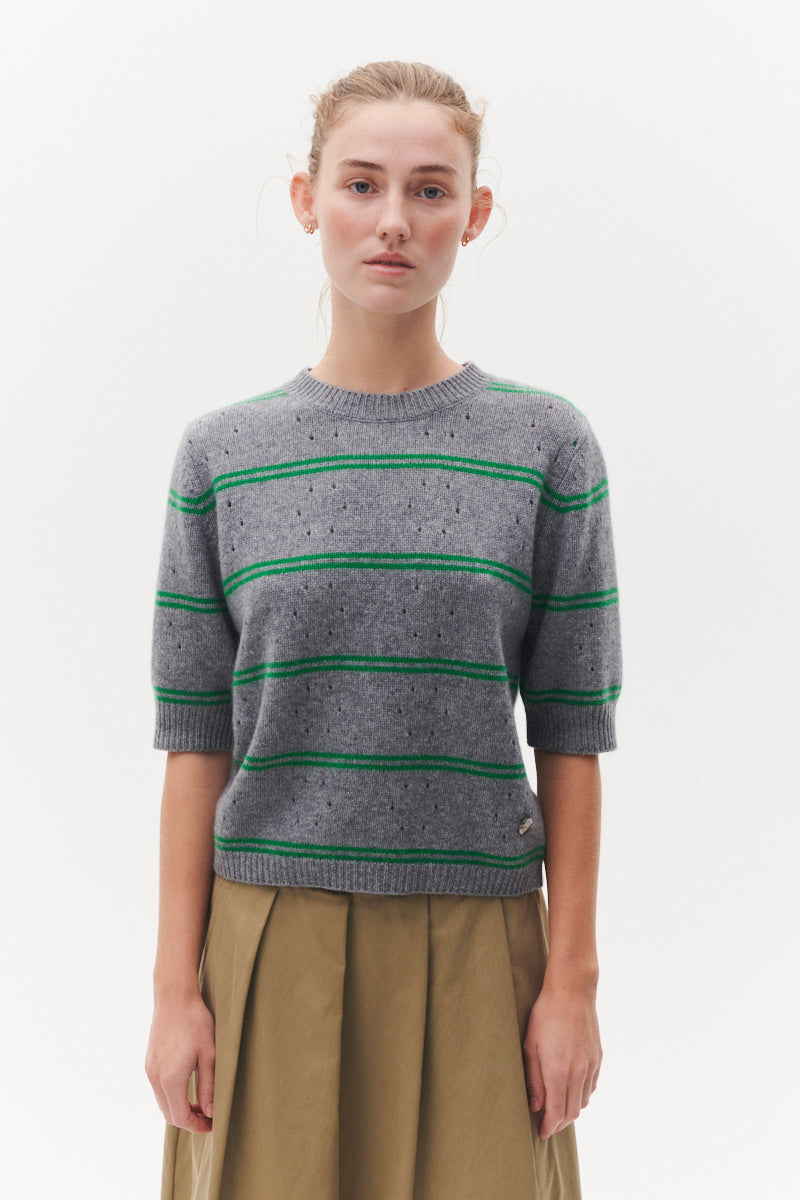 Beta Studios Mille Short Sleeve Uld/Cashmere Tops Grey Melange/Emerald