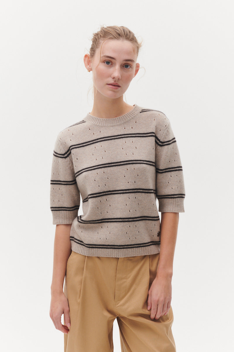 Beta Studios Mille Short Sleeve Uld/Cashmere Tops Sand Melange/Walnut
