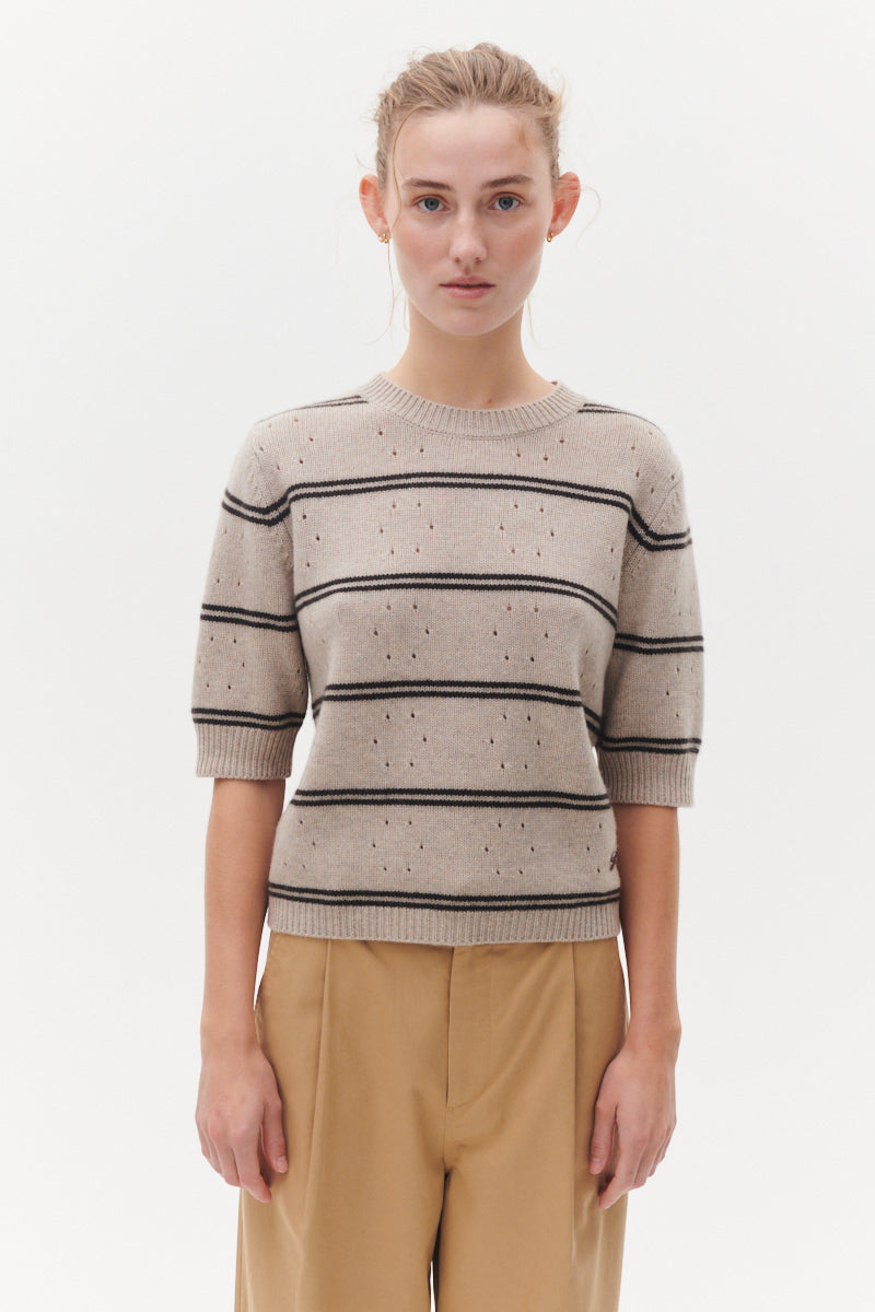 Beta Studios Mille Short Sleeve Uld/Cashmere Tops Sand Melange/Walnut