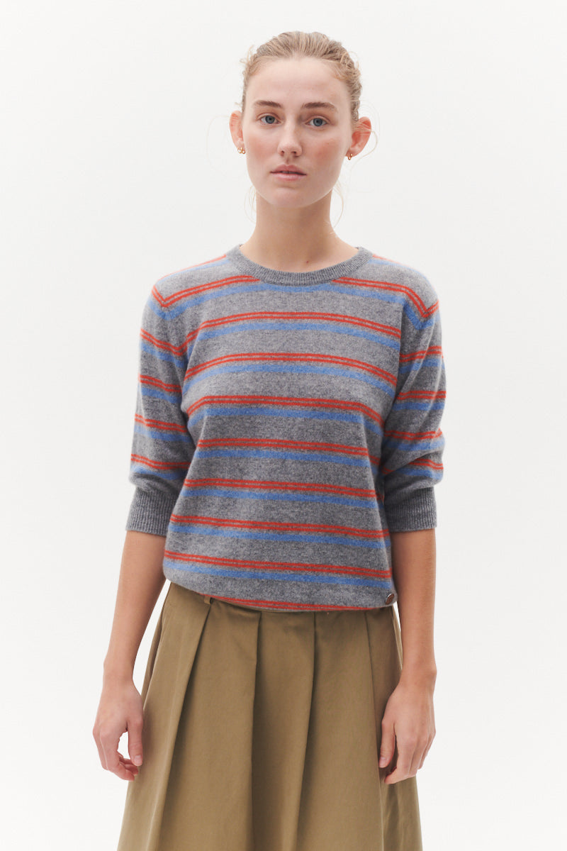 Beta Studios Mini Stripes Lady Sleeve Cashmere Tops Grey Melange/Turtle Dove Blue/Fresh Zest Orange