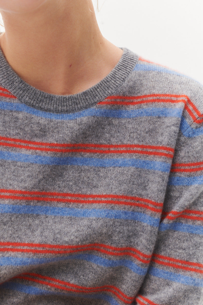 Beta Studios Mini Stripes Lady Sleeve Cashmere Tops Grey Melange/Turtle Dove Blue/Fresh Zest Orange
