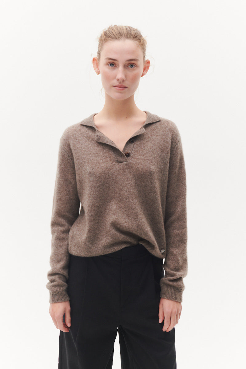 Beta Studios Missy Polo Cashmere/Silk Top Funghi Brown