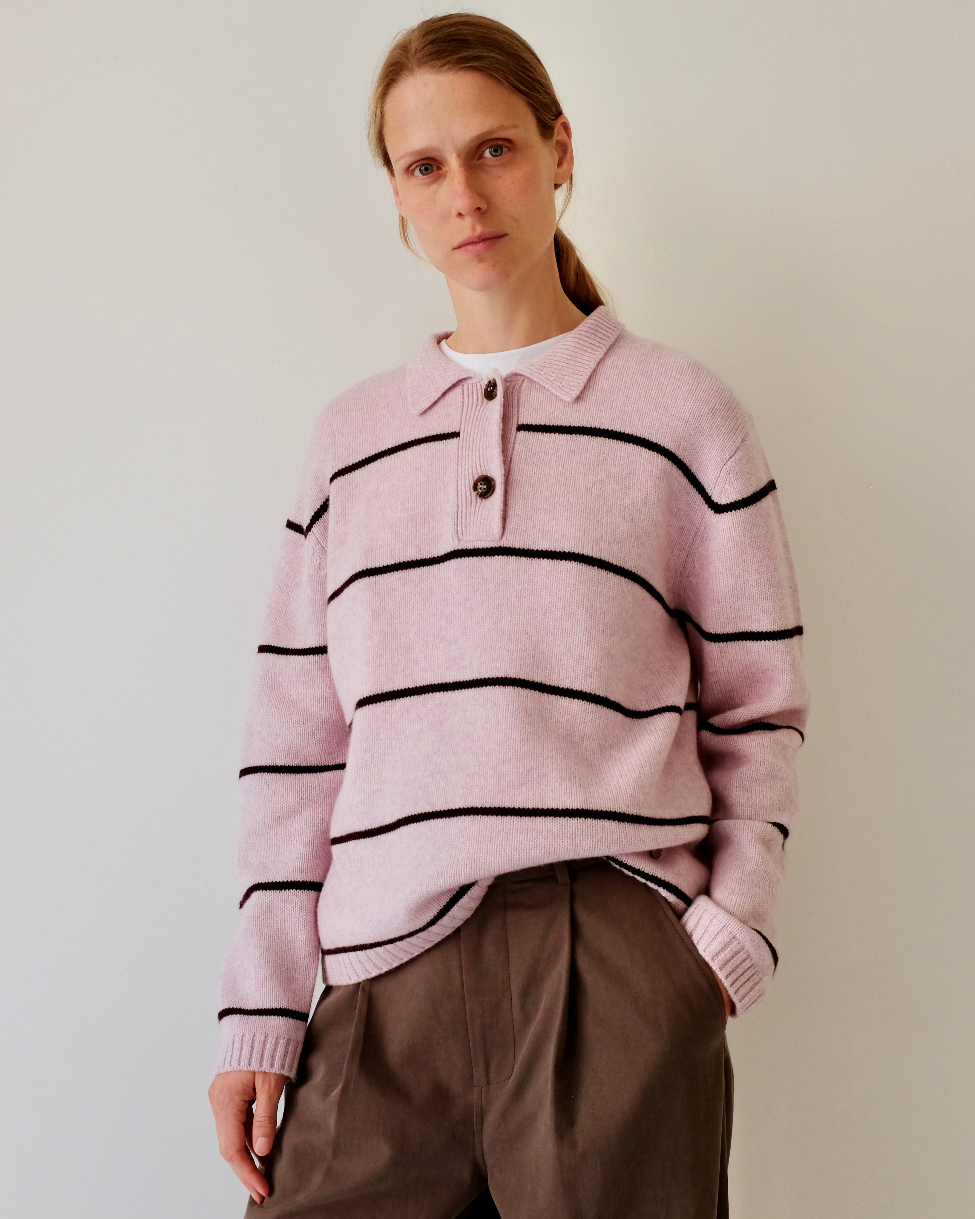 Beta Studios Naomi Striped Polo Uld/Cashmere Tops Hushed Violet/Dark Fig