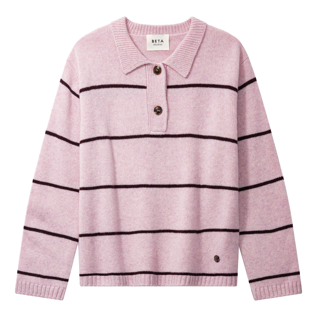 Beta Studios Naomi Striped Polo Uld/Cashmere Tops Hushed Violet/Dark Fig
