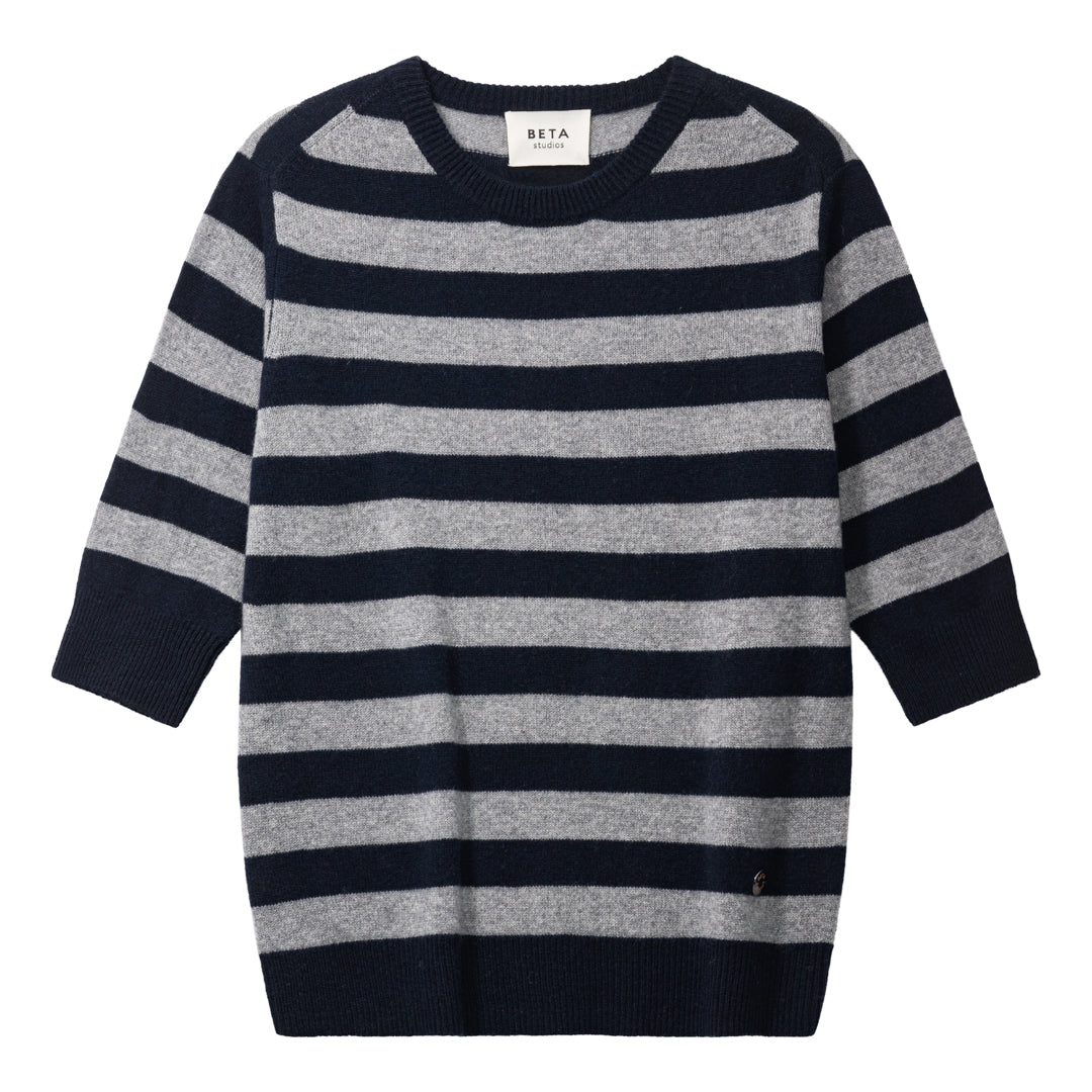 Beta Studios Nickie Lady Sleeve Cashmere Tops Navy/Grey Melange