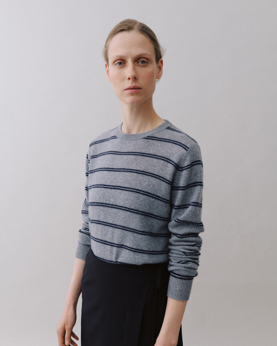 Beta Studios Noa O_neck Stripe Cashmere Tops Grey Melange/Navy