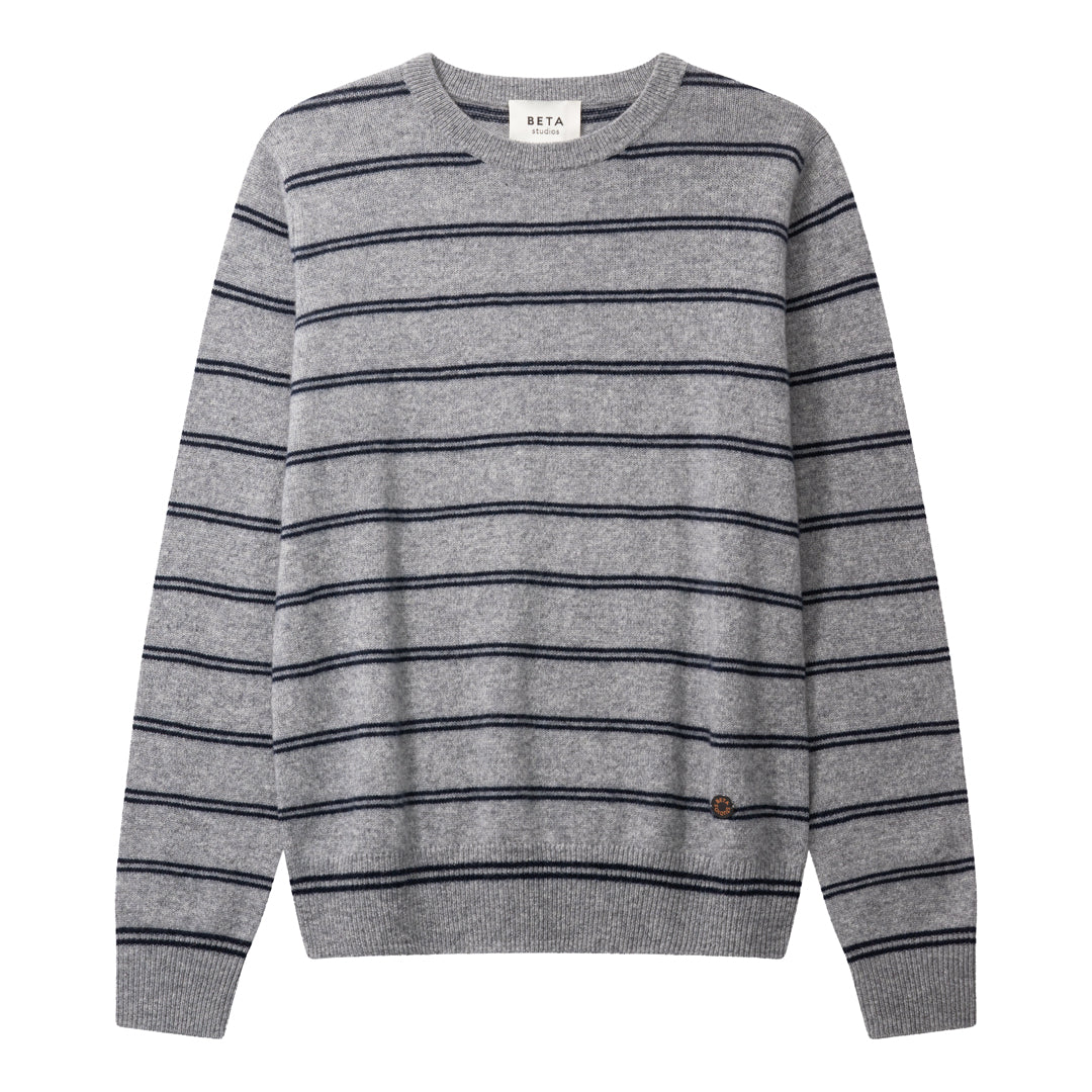 Beta Studios Noa O_neck Stripe Cashmere Tops Grey Melange/Navy